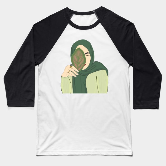 Hijabi Muslim Woman holding a Leaf Baseball T-Shirt by SanMade